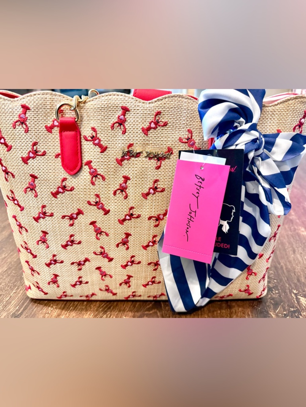 NWT Betsey Johnson Red/Multi lobster Tote - Striped & Patterned Accent